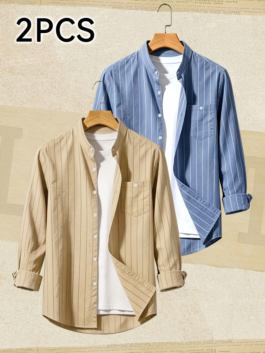 2pcs Set Stand Collar Striped Shirt; Spring/Autumn Loose Fit Casual Business Simple Versatile Top; Daily Commute Breathable 2pcs Men's Outfit - Khaki+Blue
