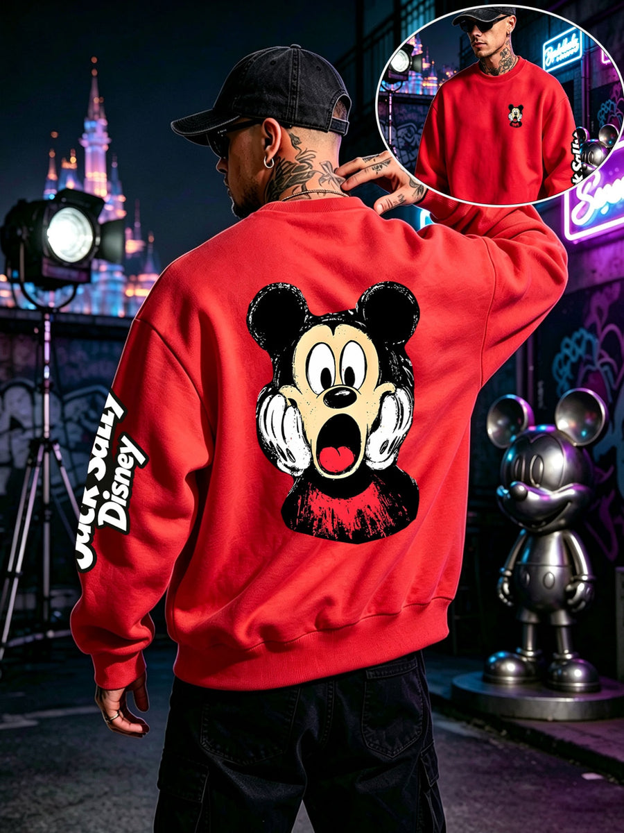 Halloween Sweatshirt, Men's Autumn/Winter Long-Sleeve Top, Casual and Versatile Sweatshirt, "Disney" Mickey Mouse Scared Face Print Men's Apparel, Perfect for Holiday Outfits, Daily Wear, and Party Attire - Red