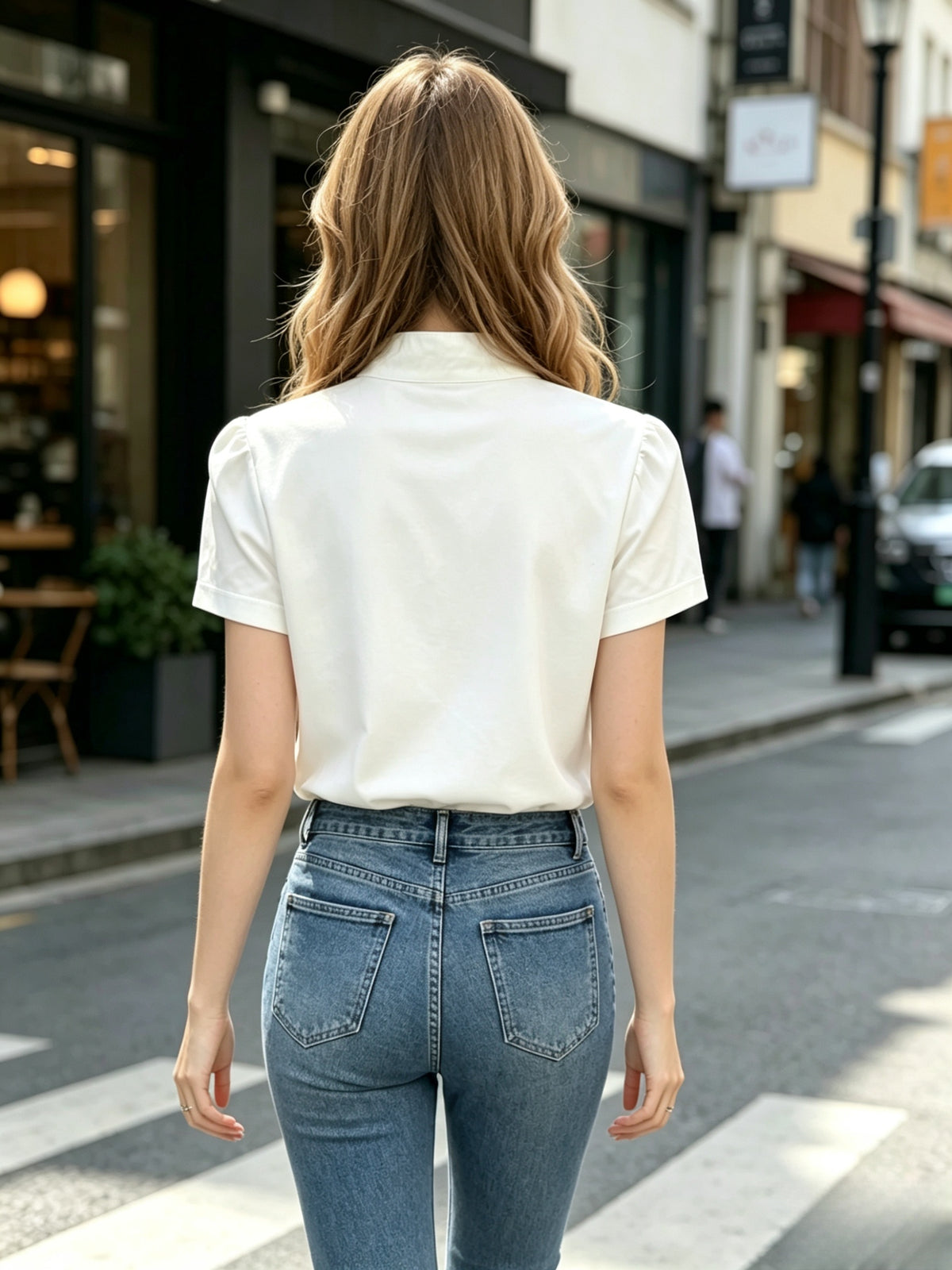 French Court Style Half-Stand Collar Short-Sleeved T-Shirt, Half-Placket Metal Buckle, Gentle Temperament Style Top - White