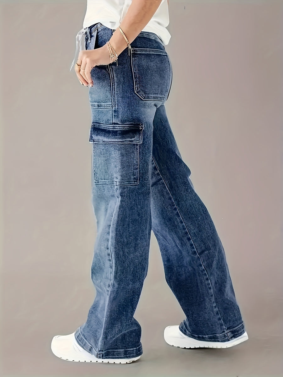 High Stretch Cargo Pants with Drawstring And Multiple Pockets | Casual Solid Color, All-Season Wear Denim Jeans - Sea Blue
