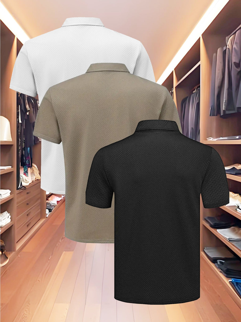 3pcs Value Pc, Summer Short-sleeve Polo Shirt! New Jacquard Fabric, Quick-drying, Lightweight and Breathable, Easy to Wash and Dry Quickly. Men's Color-blocked Cool and Comfortable Polo Shirt with Lapel, for Sports and Casual Wear. Men's Short-sleeve - White card black