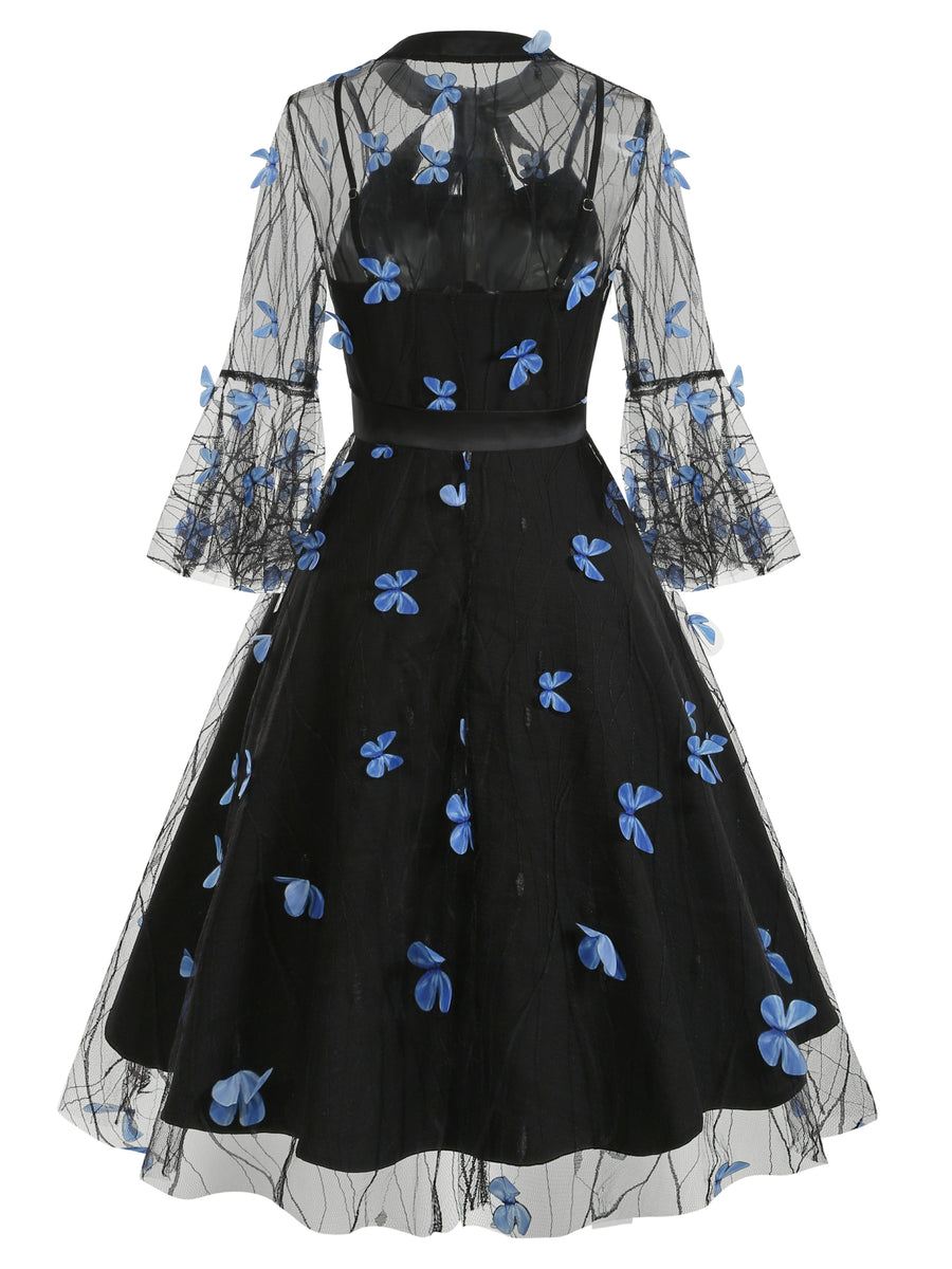 Vintage Mesh Embroidered Patchwork Mid-Sleeve Gothic Dark Evening Gown, for Gatherings, Parties, Dress, Evening Dress, Gown - Blue Color Butterfly