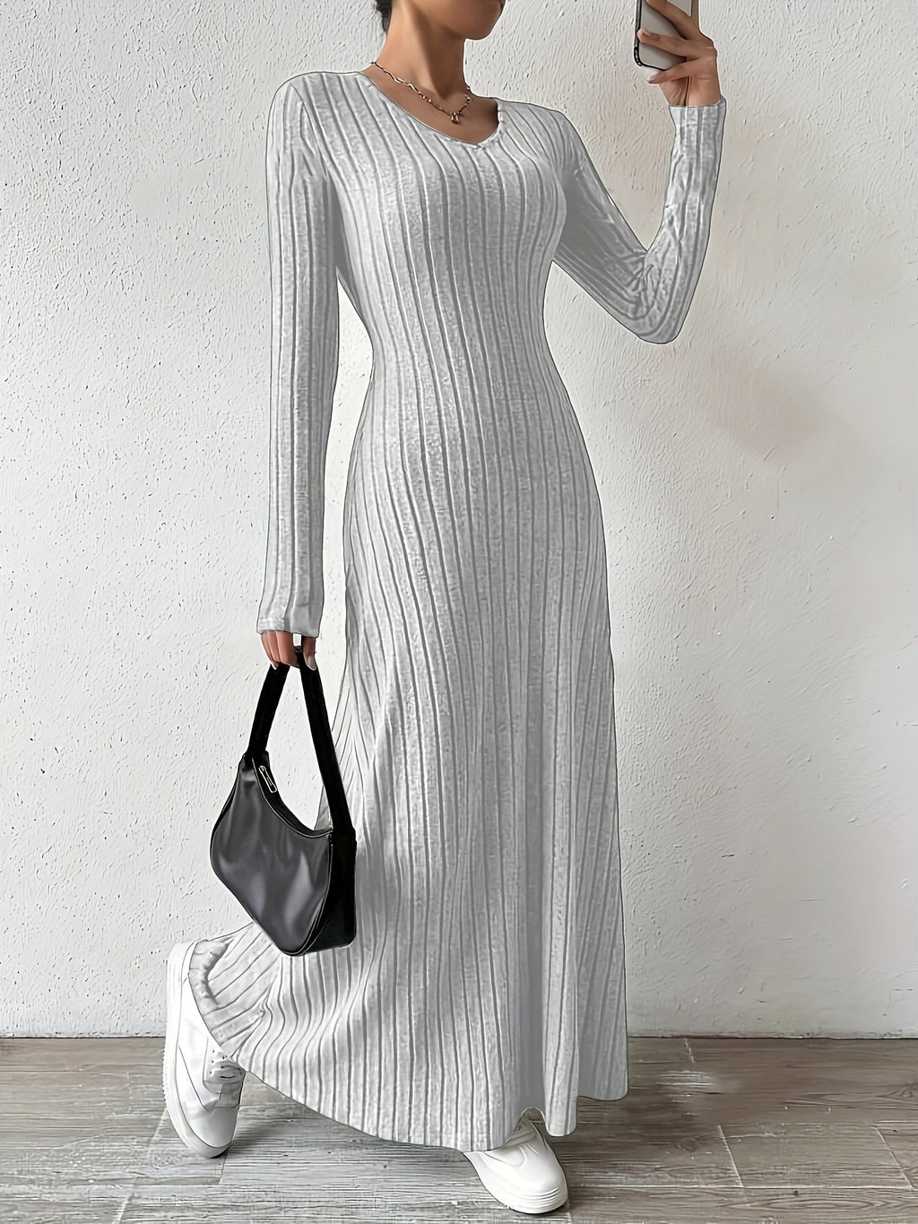 Women's Elegant V-Neck Long Sleeve A-Line Dress - Solid Color Machine Washable Fall Dress with Flattering Silhouette, Versatile for Casual & Formal Occasions, Long Sleeve Maxi Dress, Comfortable Fit - Light Grey