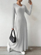 Women's Elegant V-Neck Long Sleeve A-Line Dress - Solid Color Machine Washable Fall Dress with Flattering Silhouette, Versatile for Casual & Formal Occasions, Long Sleeve Maxi Dress, Comfortable Fit - Light Grey