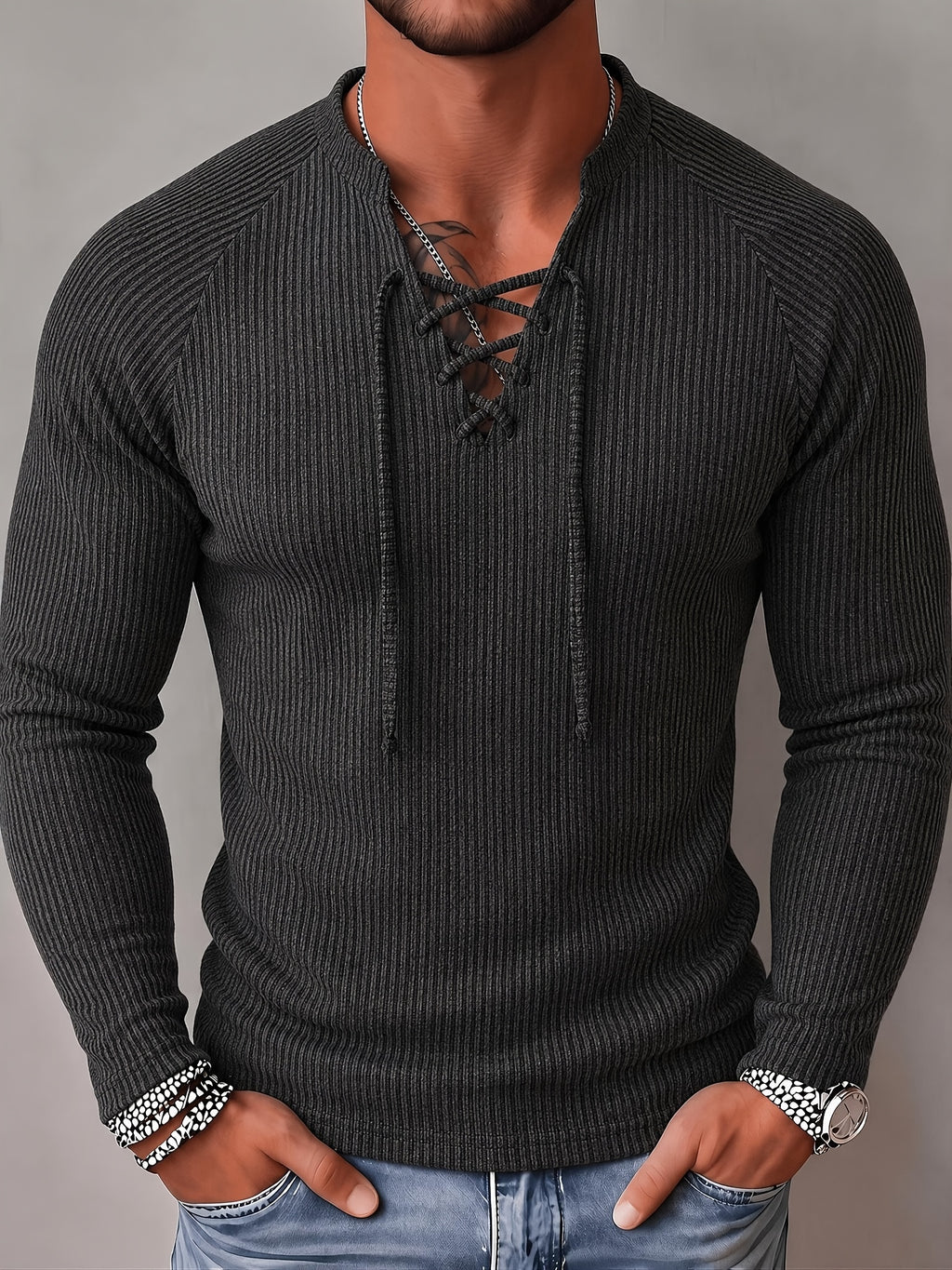Men'S Fashion Top, Autumn Winter Outdoor Casual Textured Ribbed Fabric V-Neck Tie-Front Drop Shoulder Sleeve Men'S Henley Shirt - Dark Gray
