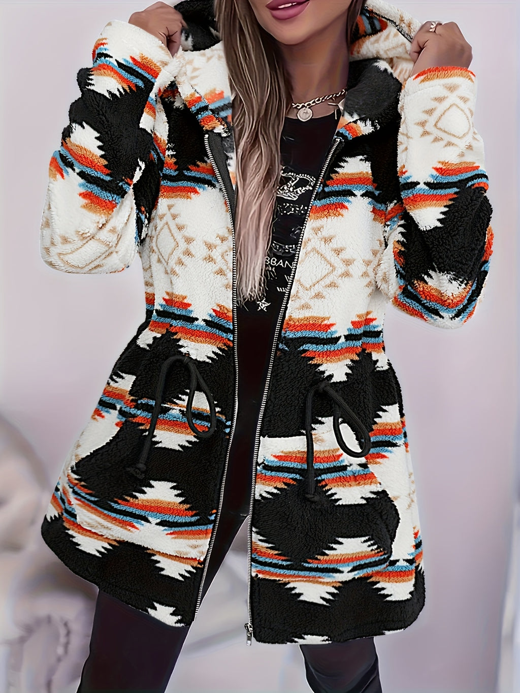 Autumn/Winter Women's Fashion Vintage Casual Zip-Up Cardigan Jacket, Hooded Jacket with Pockets, Drawstring Waist Design, Suitable for Casual Outings 2A10634-1 - Mixed colors