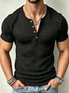 Josh Mei Product Selection Business Casual Men's Henley Short Sleeve Vertical Striped Textured Lightweight Breathable Top Outdoor Street Trendy Daily Commute Underwear Shirt - Black