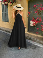 Elegant and Fashionable Women's Faux - Long Maxi Dress with Contrasting Colorblocking and A-line Hem, Featuring Crisscross Spaghetti Straps. Comfortable for Casual Outings, Vacations, Dates, and Romantic Beachwear, This Off-shoulder and Backless - Black