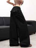 1pc Vintage Distressed Black Loose Jeans Women'S, Casual Fashion Versatile High-Waist Straight Wide-Leg Trousers (Belt/Additions Not Included) - Black