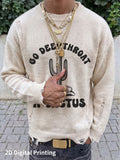 2D Digital Partial Print Men'S Long Sleeve Sweater Base Layer Outerwear Fashionable Versatile Casual Sweatshirt European Street Style Strong Design Autumn New Top Trendy Individual Pattern Cactus Skull - Off-white