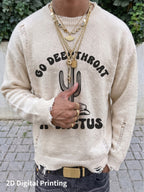 2D Digital Partial Print Men'S Long Sleeve Sweater Base Layer Outerwear Fashionable Versatile Casual Sweatshirt European Street Style Strong Design Autumn New Top Trendy Individual Pattern Cactus Skull - Off-white