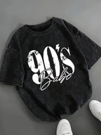 Women's Vintage Fashion T-Shirt with "90's Babe" Graphic Print, Casual Crew Neck Tee, Vintage Distressed Font - 100% Soft Fabric | Crew Neck | Short Sleeve | Slightly Stretchy | All-Season Top | Fashionable | Shirt | Warm | Stylish Top | Minimalist | - Deep Grey