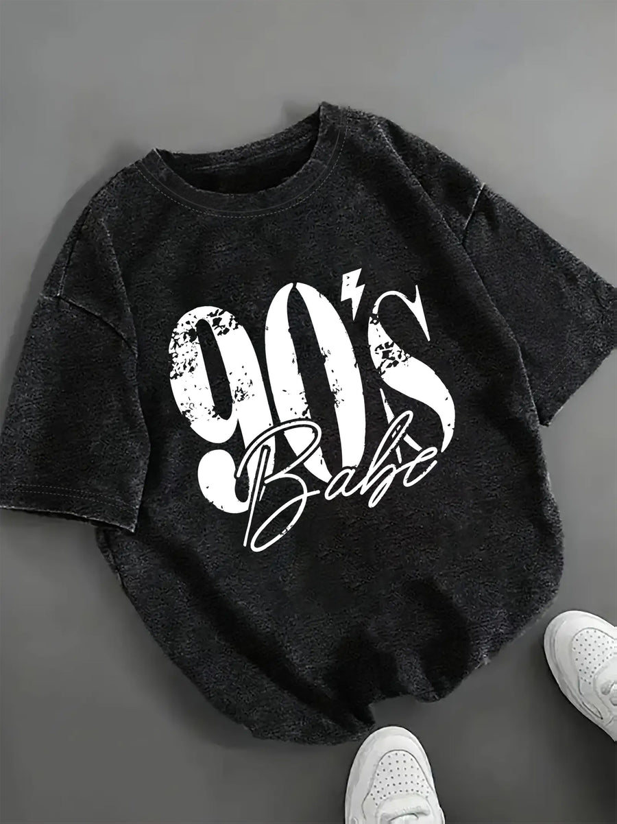 Women's Vintage Fashion T-Shirt with "90's Babe" Graphic Print, Casual Crew Neck Tee, Vintage Distressed Font - 100% Soft Fabric | Crew Neck | Short Sleeve | Slightly Stretchy | All-Season Top | Fashionable | Shirt | Warm | Stylish Top | Minimalist | - Deep Grey