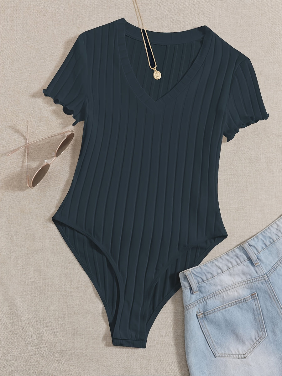 Lettuce Border Ribbed Bodycon Dress - Navy Color
