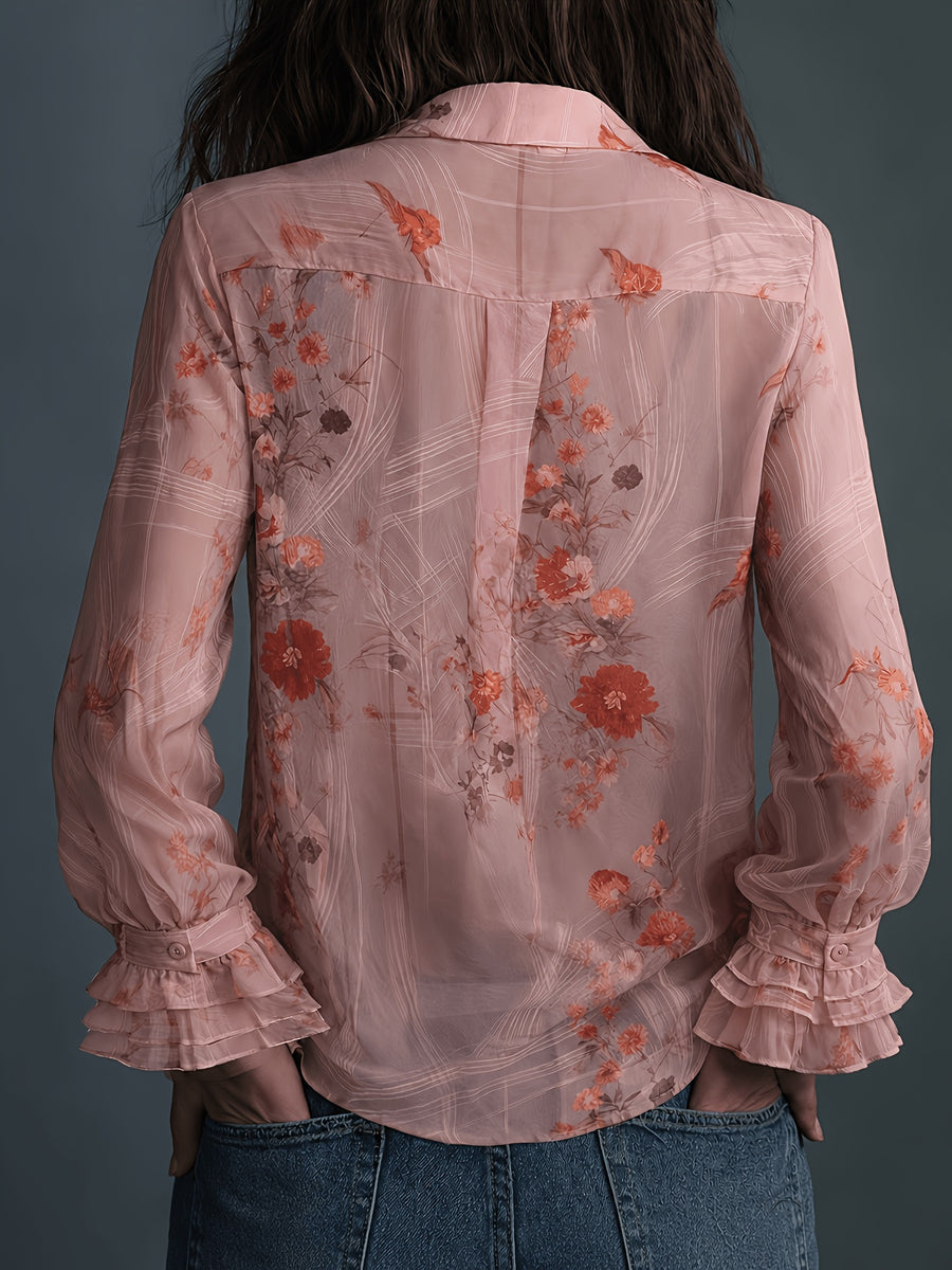 All-Season Floral Print Long Sleeve Shirt, Casual Semi-Transparent Versatile Retro Chiffon Front Button-Up Design, Flared Sleeves, Elegant Fashion Women'S Blouse - Peach