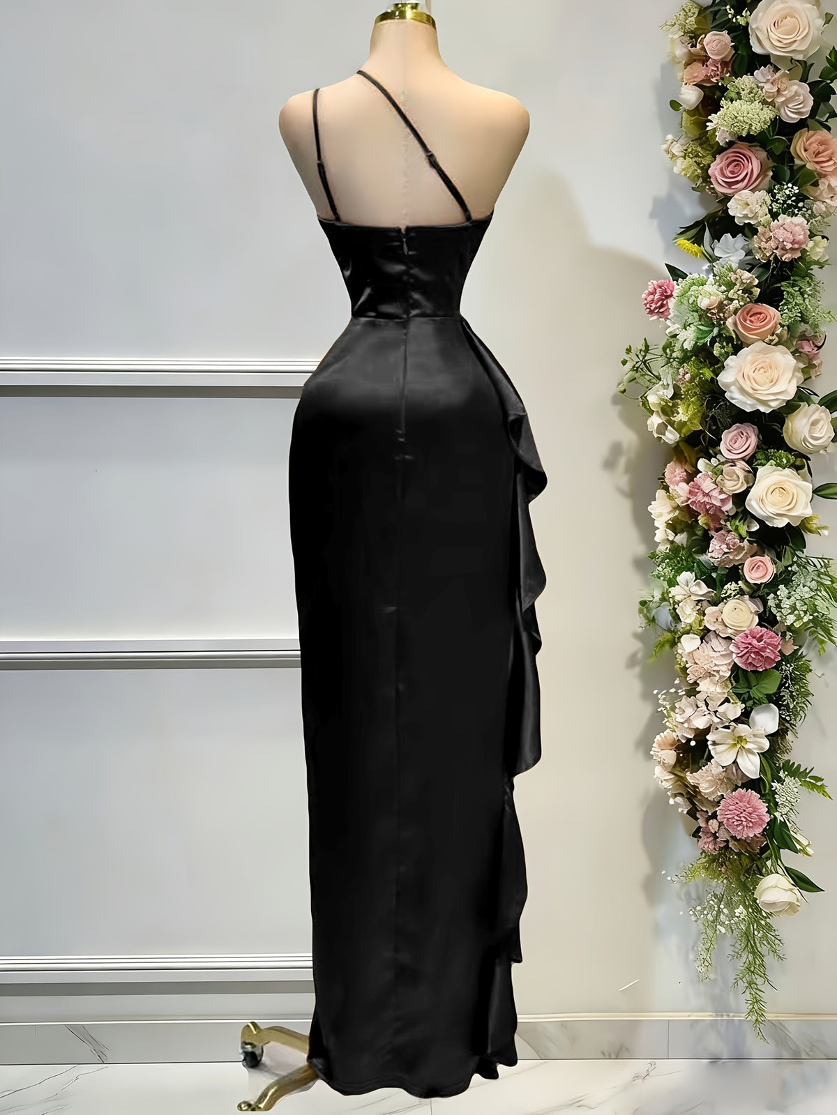 An Elegant Solid Color Satin Dress with an Asymmetrical Ruffled Hem, Off-Shoulder Neckline, And a Backless Design, Perfect for Banquets, Parties, Weddings, Or As a Bridesmaid Gown - Black