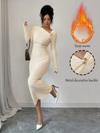 Elegant And Fashionable New Four-Season Decorative Buckle Solid Color Long-Sleeved Tight-Fitting Hip-Hugging Warm Waist- Casual Party Commuting Long Dress - Apricot