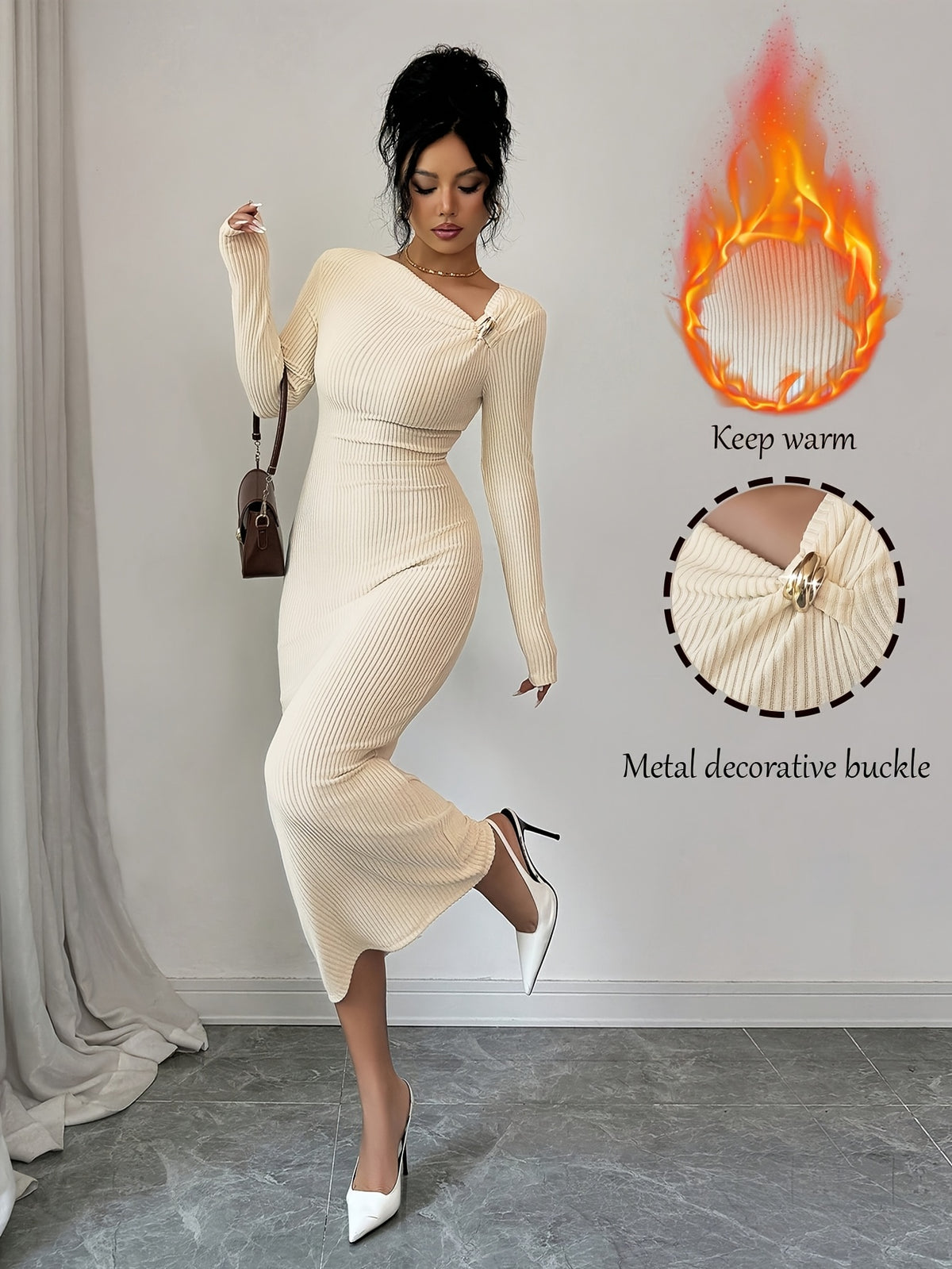 Elegant And Fashionable New Four-Season Decorative Buckle Solid Color Long-Sleeved Tight-Fitting Hip-Hugging Warm Waist- Casual Party Commuting Long Dress - Apricot