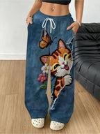 Women'S Fashion Casual Trousers, Mixed Colors, Multi-Sizes Available, Fabric, Cute Cat And Flower And Butterfly Print, Suitable for Wife/Mother, Gothic Style, Ideal Holiday Gift, Playful Whimsical Design, Comfortable And Stylish - Mixed colors