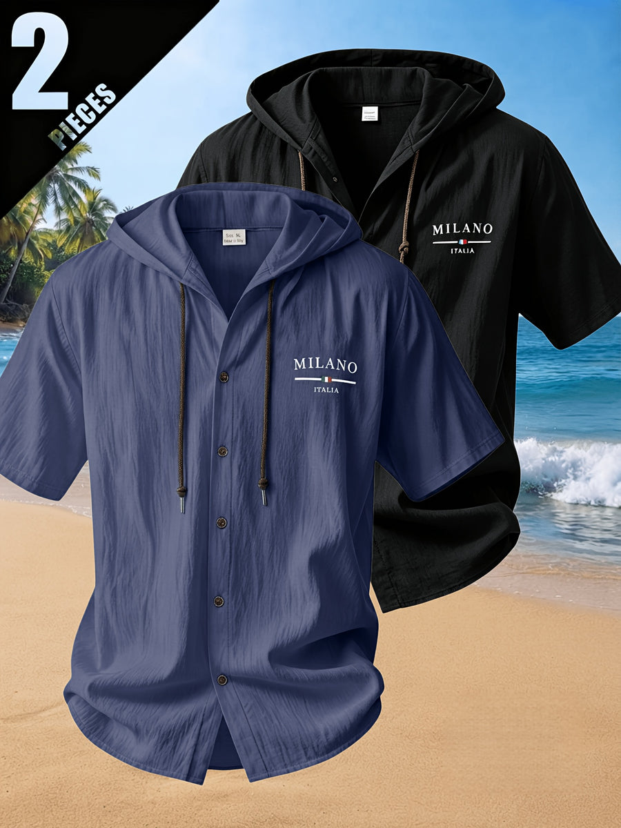 2pcs Men'S Summer Short Sleeve Shirt Set, Breathable And Skin-Friendly Linen Fabric, Trendy Hooded Style, Suitable for Beach Vacations, Beach Outings, And Casual Wear - Color Mixing 2