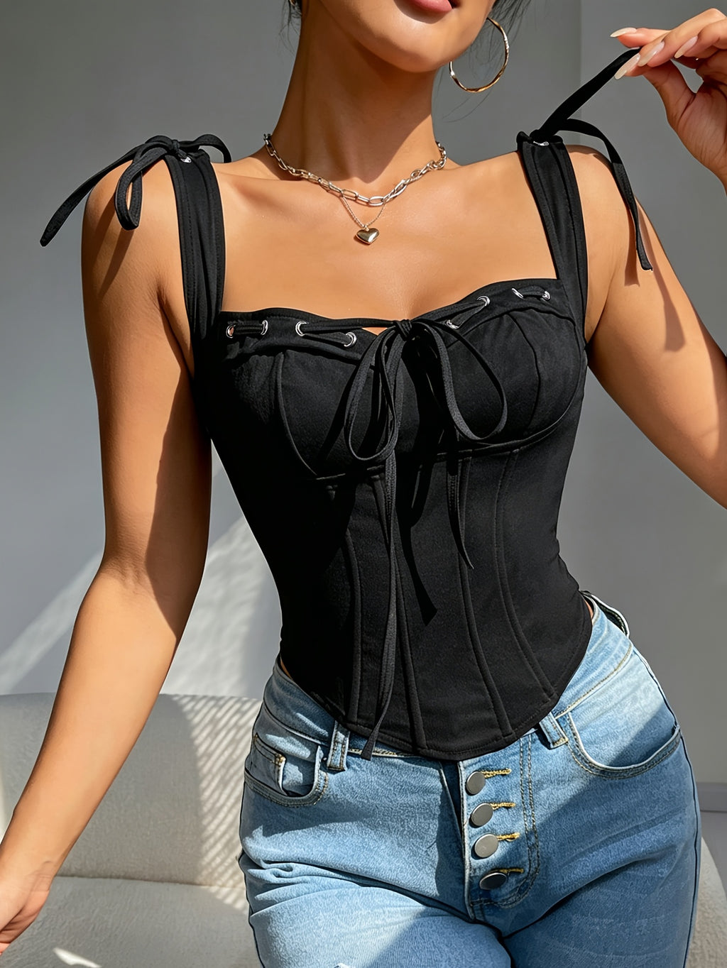 Fashionable and Versatile Solid-color Drawstring Slim-fit Women's Bodysuit, V-neck with Cut-out Back Design, Women's Outerwear Camisole - Black