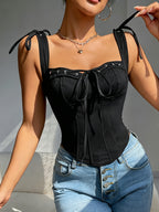 Fashionable and Versatile Solid-color Drawstring Slim-fit Women's Bodysuit, V-neck with Cut-out Back Design, Women's Outerwear Camisole - Black