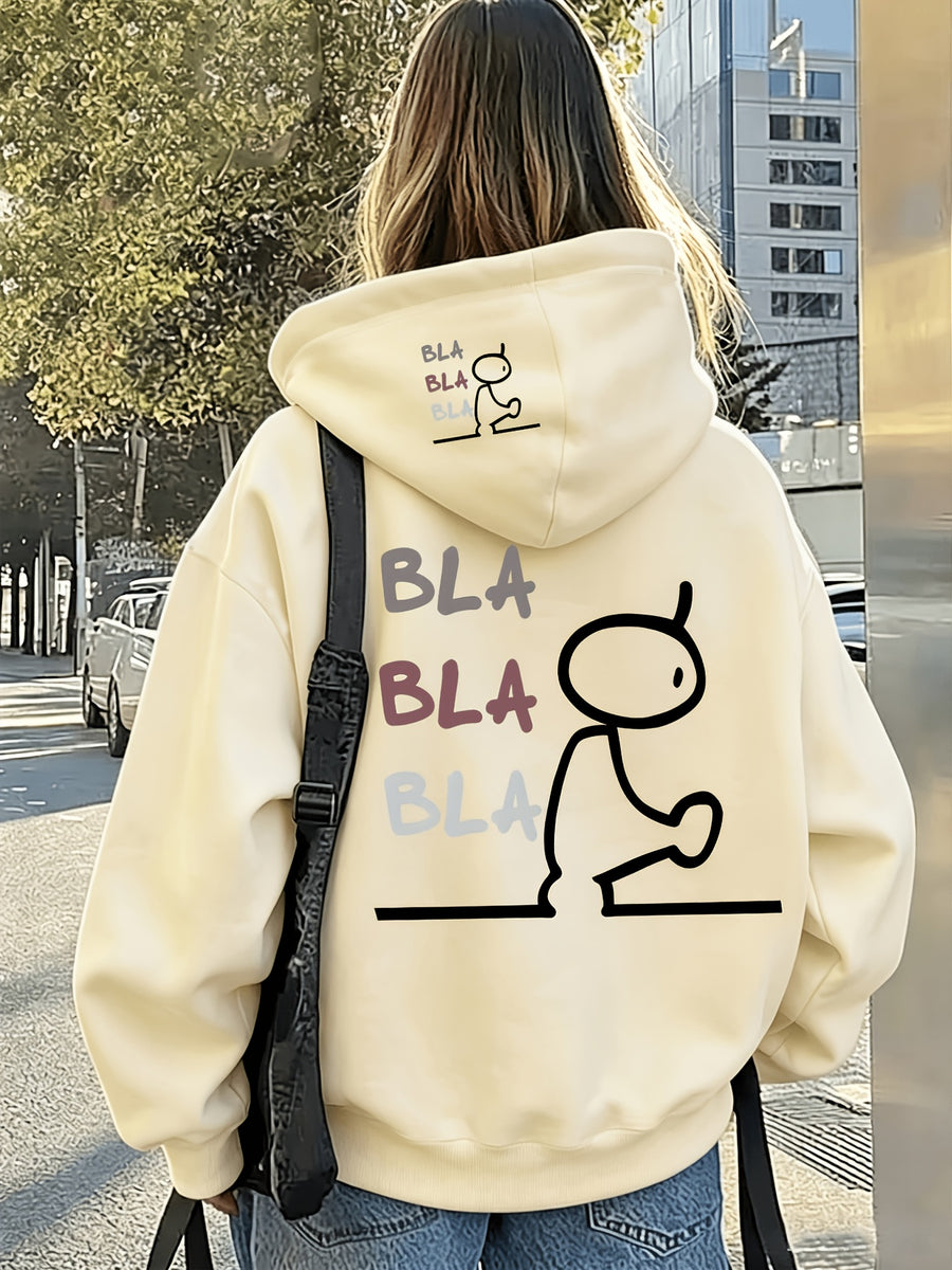 Women's Loose Fit Bla Bla Bla Stick Figure Print Hooded Sweatshirt, Fun Cartoon Back + Brim Print Pullover, Drop Shoulder Long Sleeve Hoodie, American Trendy Casual Street Style, Soft and Comfortable Fabric, Girly and Cute Outfit, Suitable for Daily - Apricot