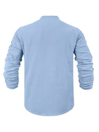 Men's American Style Linen Henley Long Sleeve T-Shirt, for Autumn, Loose Casual Breathable V-Neck Henley Top with Chest Logo Patch - Light Blue