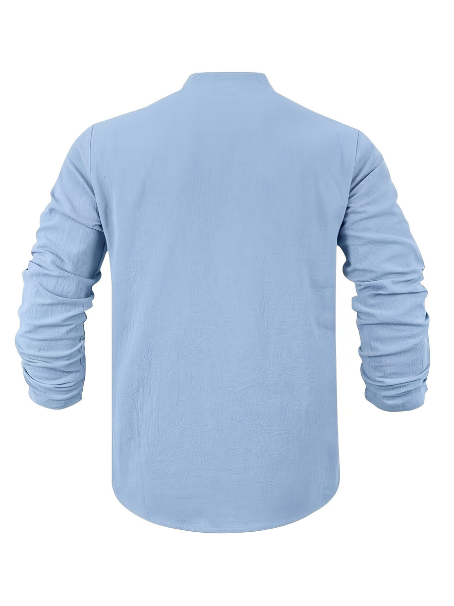 Men's American Style Linen Henley Long Sleeve T-Shirt, for Autumn, Loose Casual Breathable V-Neck Henley Top with Chest Logo Patch - Light Blue