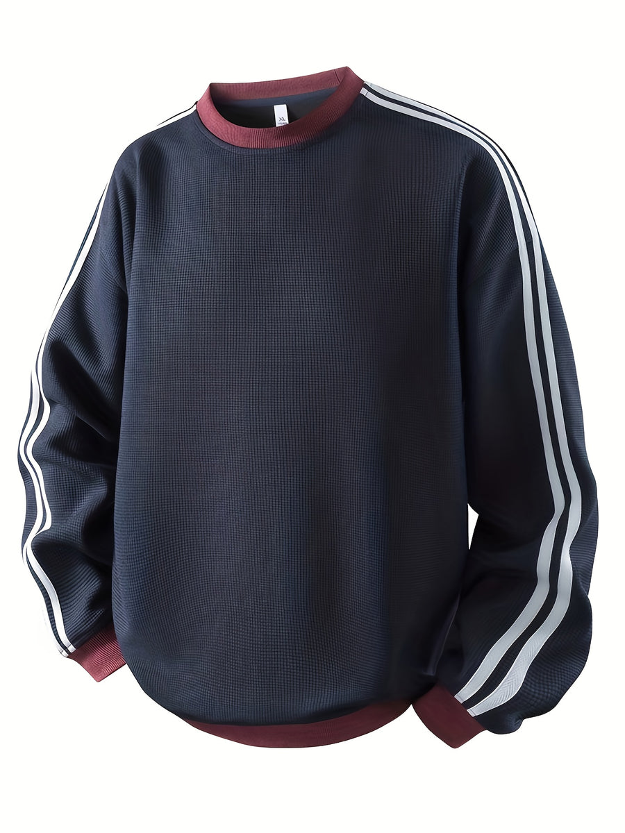 American Vintage Striped Crewneck Sweatshirt for Men, Long Sleeve Base Layer Top for Spring and Autumn - Navy Color