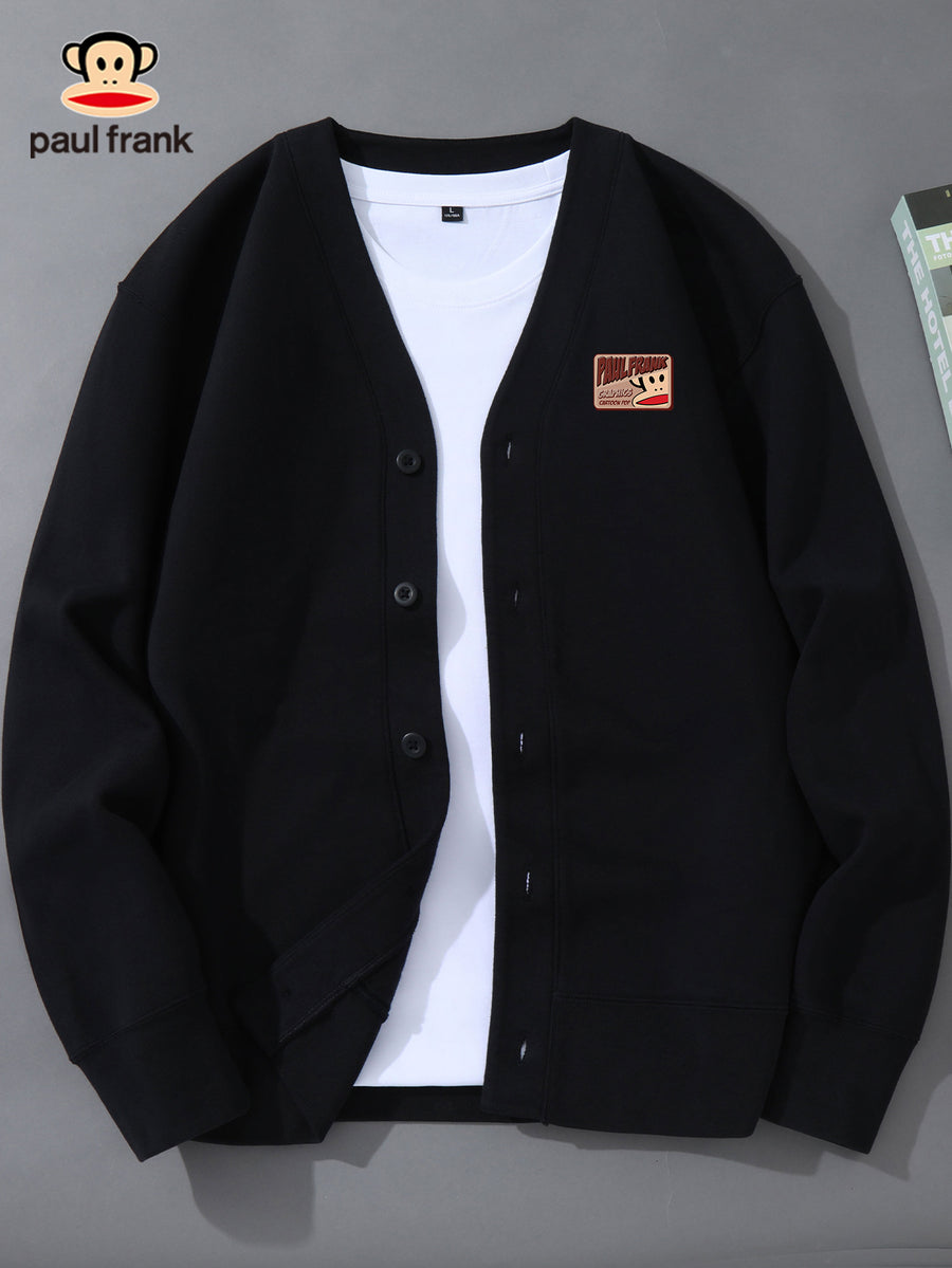 Paul Frank Men's Knit Casual Button-Up Cardigan with Slanted Monkey Logo Print - Black