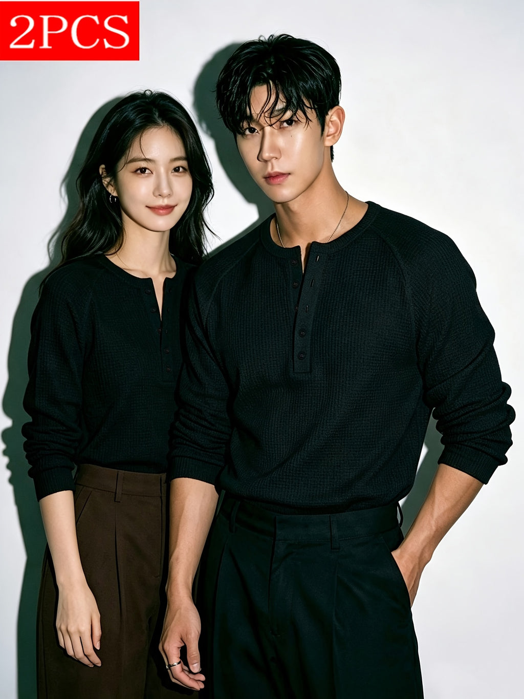 2pcs Matching Couple's Waffle Knit Long-Sleeve Henley T-Shirts, Raglan Sleeve Half-Button Placket Crew Neck Pullover Tops, Soft Stretchy Breathable Loose Fit Casual Basic Base Layers, Korean Minimalist Style Suitable for Dates, Daily Commutes - Black+black