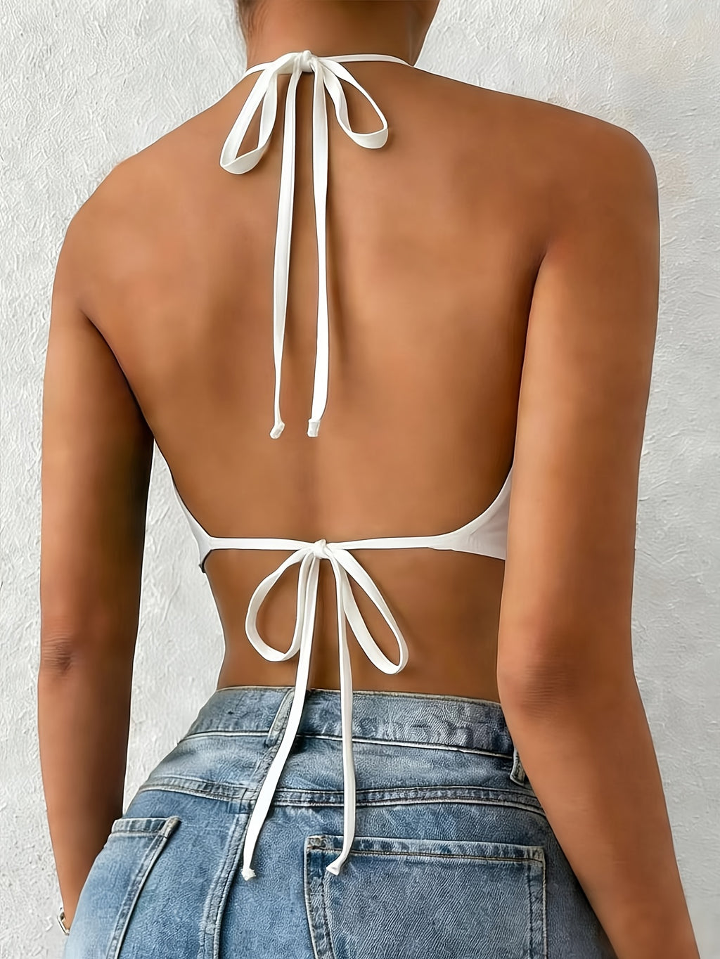 Directional Spring Summer Black Women'S Cami Halter Neck Vest, Sleeveless Top, Off-Shoulder Top, Deep Back Tie Bow Vest - White