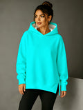 New Women'S Hooded Sweatshirt, Women'S Hoodie, Side Cutout Design, Fun Pattern, Comfortable Fit, Suitable for Autumn And Winter, Lake Green Women'S Hooded Sweatshirt with Side Slit Asymmetrical Hem, American Casual Loose Off-Shoulder Long Sleeve Top - Mixed colors