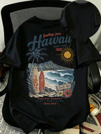 Men's Pure Cotton T-shirt, Printed with a Hawaiian Coast Surfboard Pattern, Is Stylish, Casual, Breathable, and Versatile, Making It a Unique Short-sleeved Top Suitable for Casual Attire in the Summer - Black