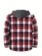 Men'S Plaid Hooded Sweatshirt Flannel Shirt Jacket Long Sleeve Casual Fashion Button-Up Shirt - Red-white-gray