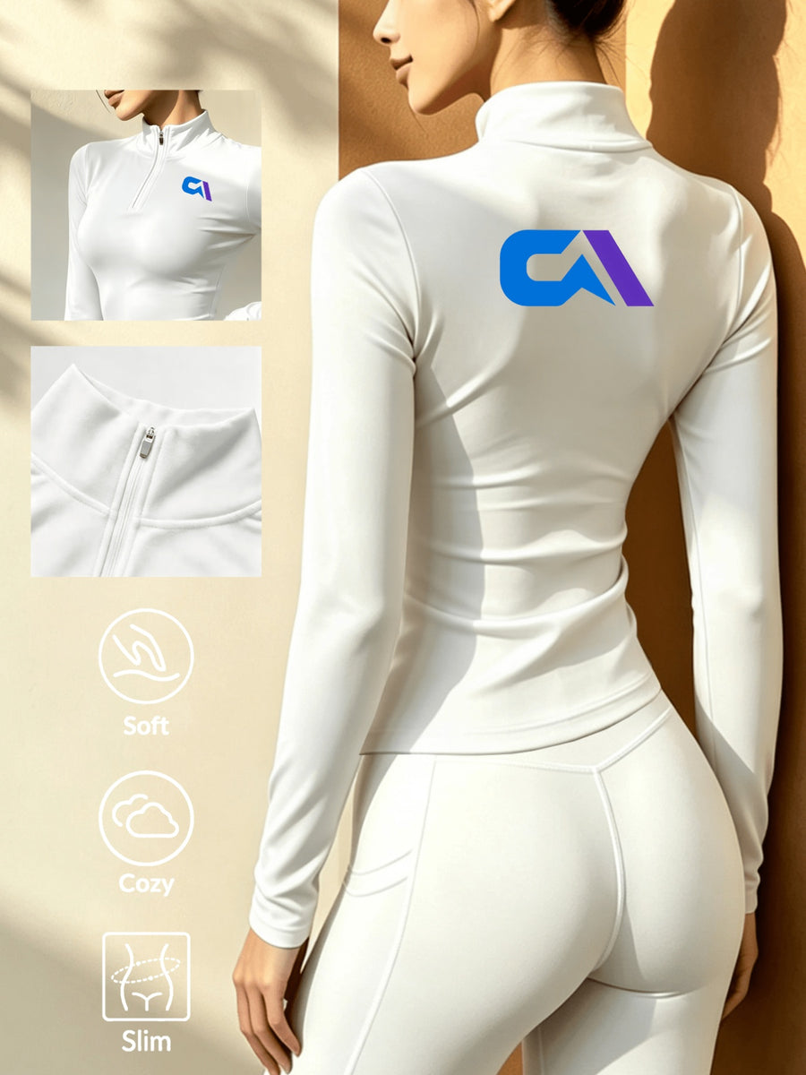 Women'S Solid Color Half-Zipper Long Sleeve Top, Waist-Cinching Warm T-Shirt - White