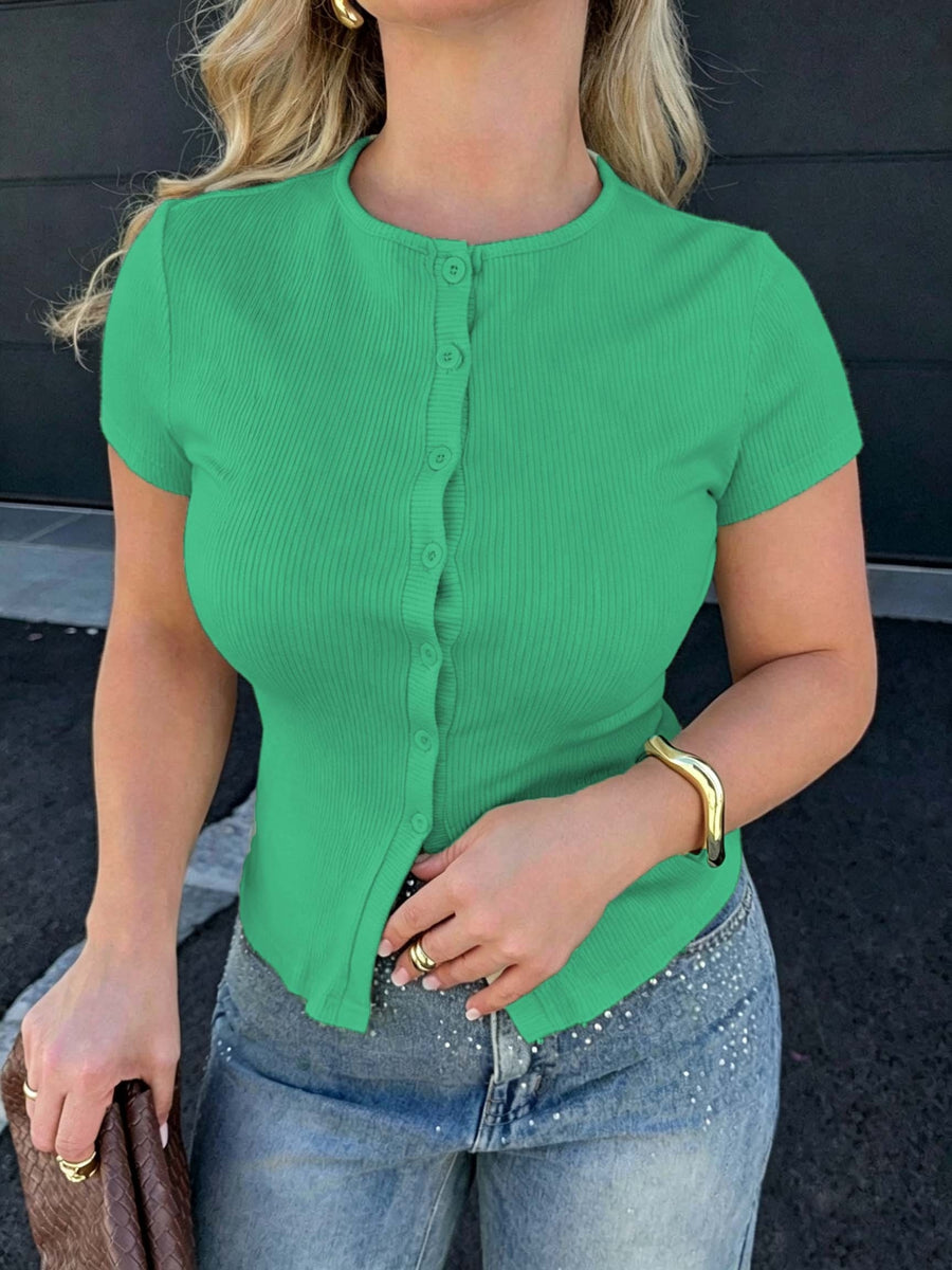 Solid Color Slim-Fit Short Sleeve Women's Single-Breasted Ribbed Waist-Cinching Everyday Versatile Commuter Hot Cardigan T-Shirt - Green