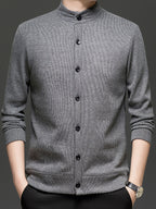 Men'S Stand Collar Knit Cardigan Fleece Thickened Jacket Casual Vertical Stripe Button-Up Top - Dark Gray