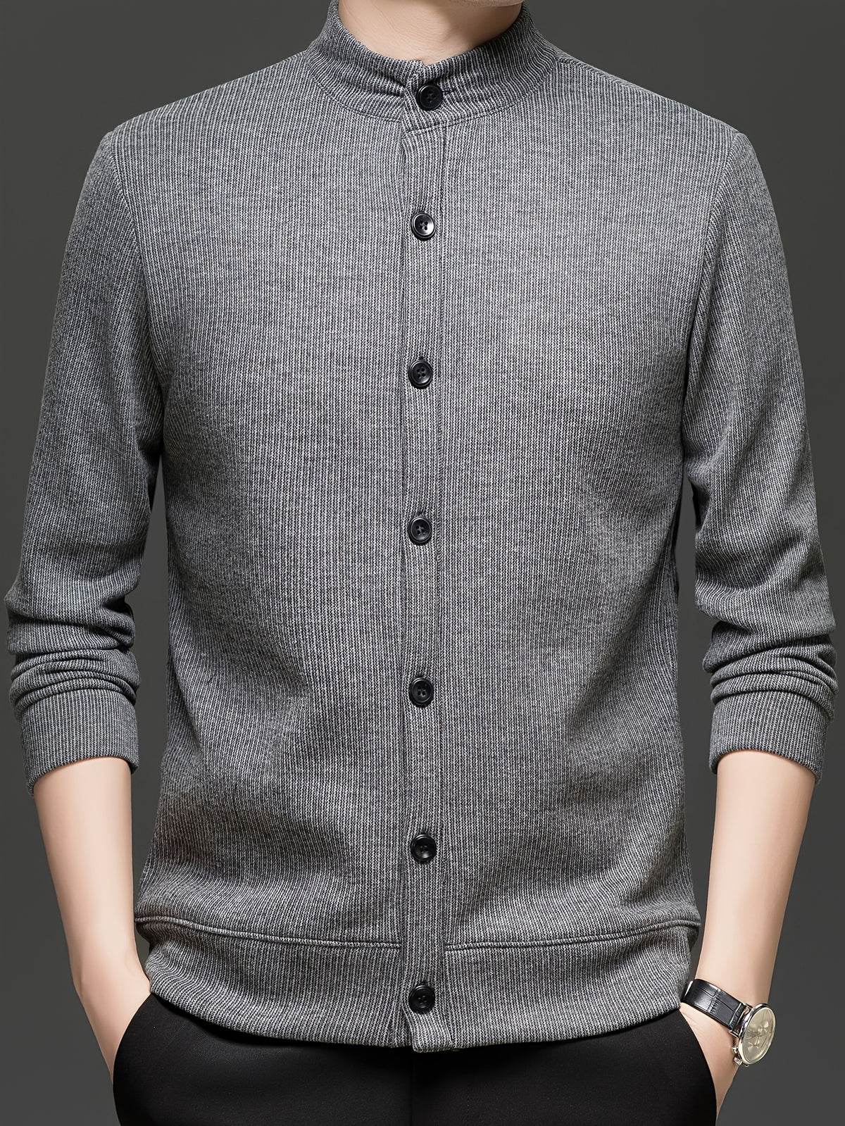 Men'S Stand Collar Knit Cardigan Fleece Thickened Jacket Casual Vertical Stripe Button-Up Top - Dark Gray