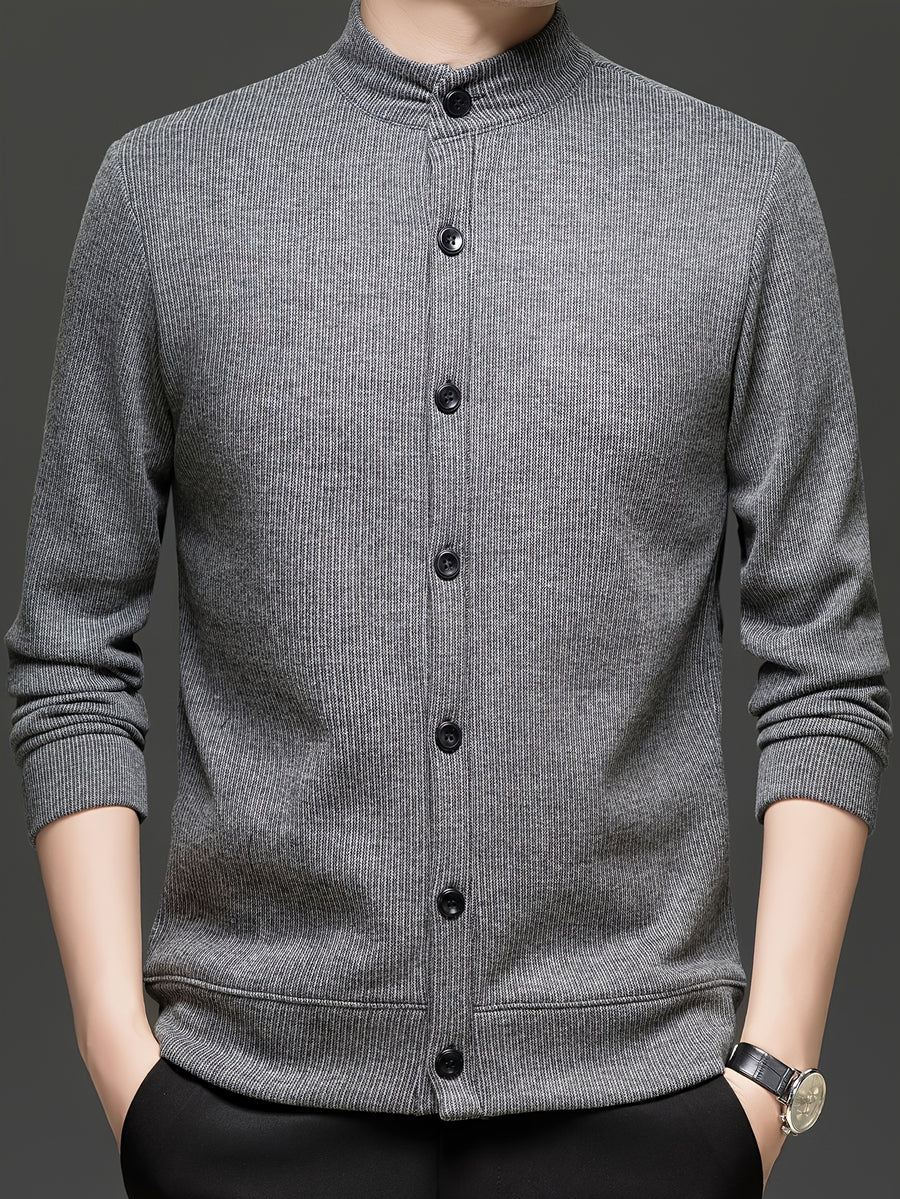 Men'S Stand Collar Knit Cardigan Fleece Thickened Jacket Casual Vertical Stripe Button-Up Top - Dark Gray