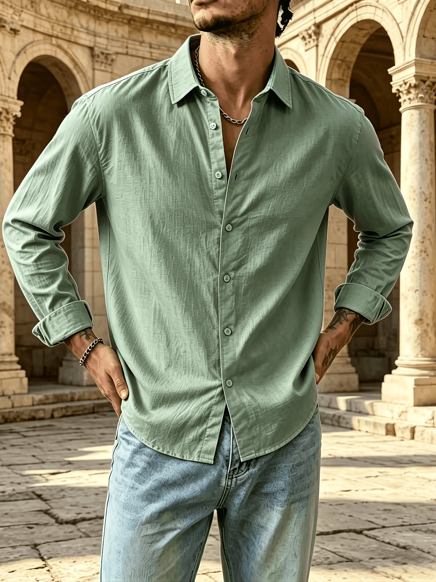 Men's Button Front Long Sleeve Shirts for Summer, Classic Solid Color Lapel Casual Work Shirts, Loose Fit Lightweight Breathable Daily Tops, Vintage Fashion Outdoor Vacation Blouses - fern green