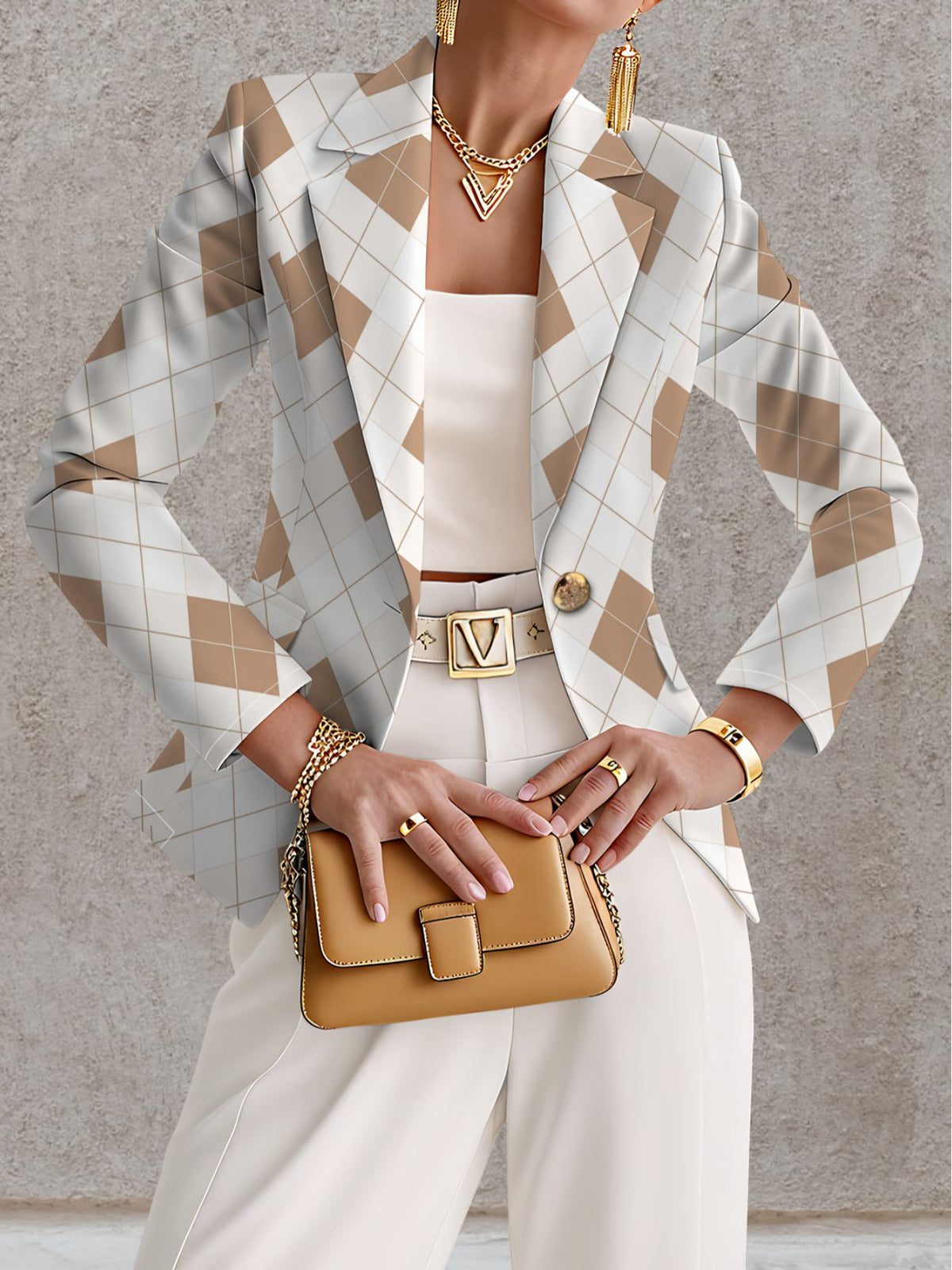 Elegant Women'S Blazer with a Creative Long-Sleeve Design Featuring a Stylish Diamond Check Pattern for Autumn Fashion - Mixed colors