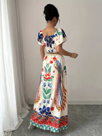 Summer Elegant Holiday Party Vacation Floral Print Square Neck Double-Layer Flared Sleeve Shirred Waist Top A-Line Maxi Skirt Women's Skirt Set - Multicolor