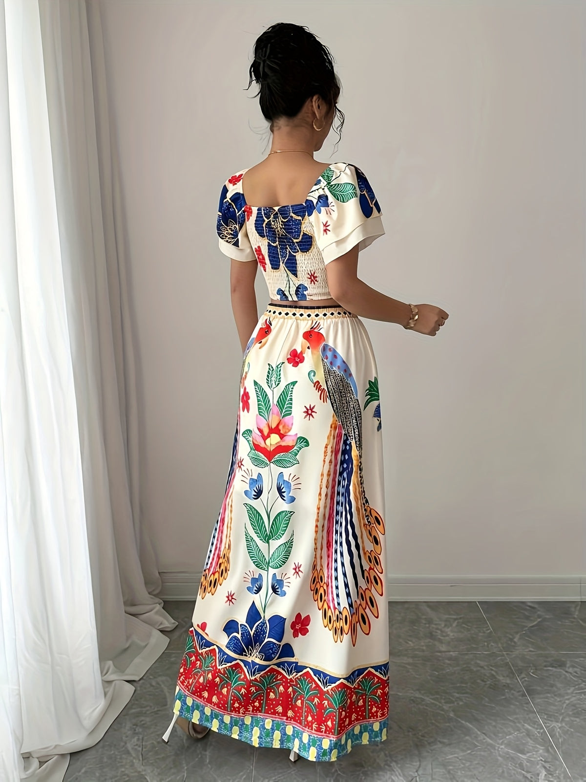 Summer Elegant Holiday Party Vacation Floral Print Square Neck Double-Layer Flared Sleeve Shirred Waist Top A-Line Maxi Skirt Women's Skirt Set - Multicolor