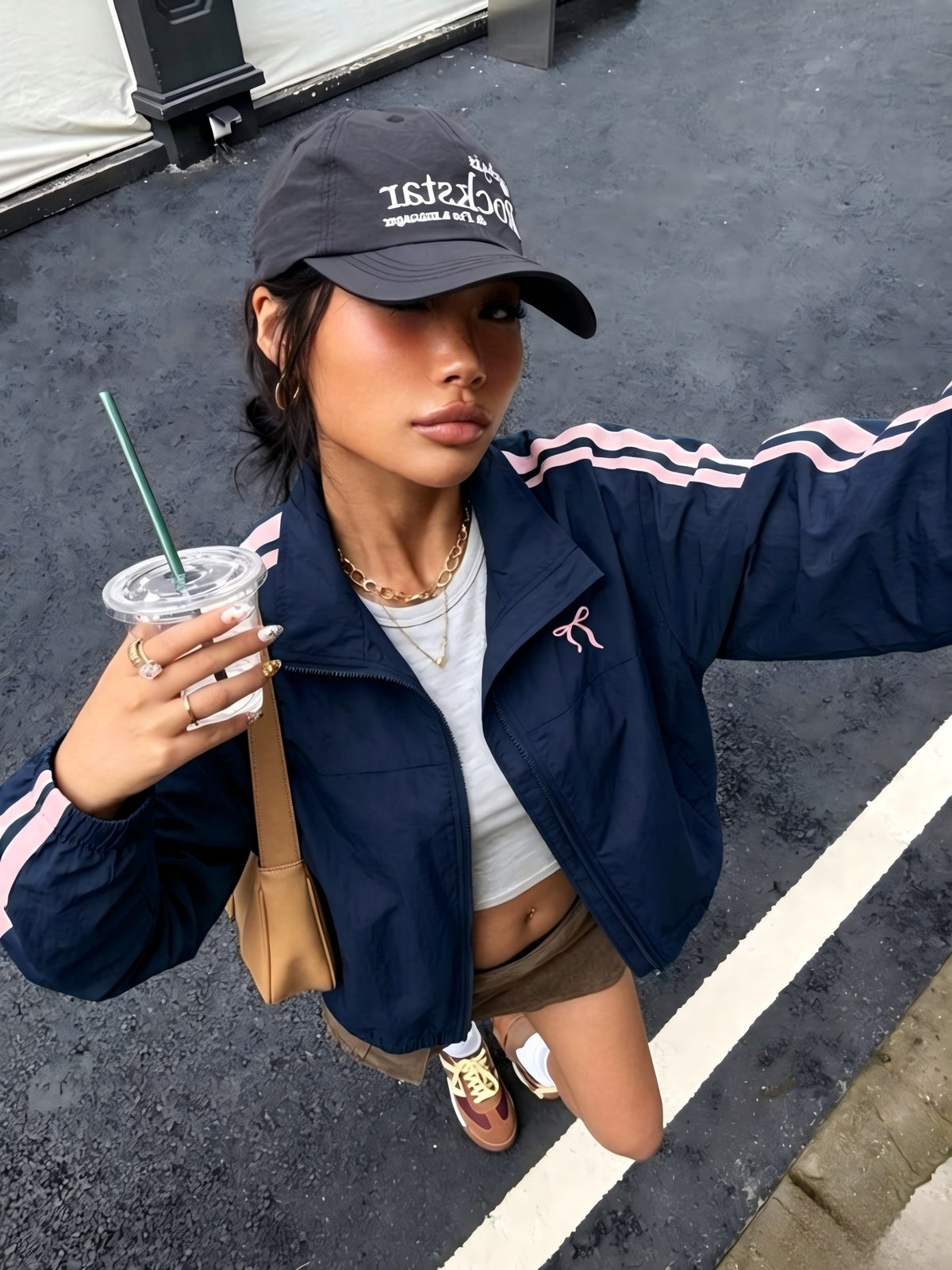 Women's Vintage College Bomber Jacket - Oversized Stand Collar Zipper Jacket with Chest Bow Embroidery, Two-Stripe Suitable for Casual Wear, Spring/Summer Swear, Unisex Couple's Outerwear, Machine Washable Loose Fit Jacket - Navy Color