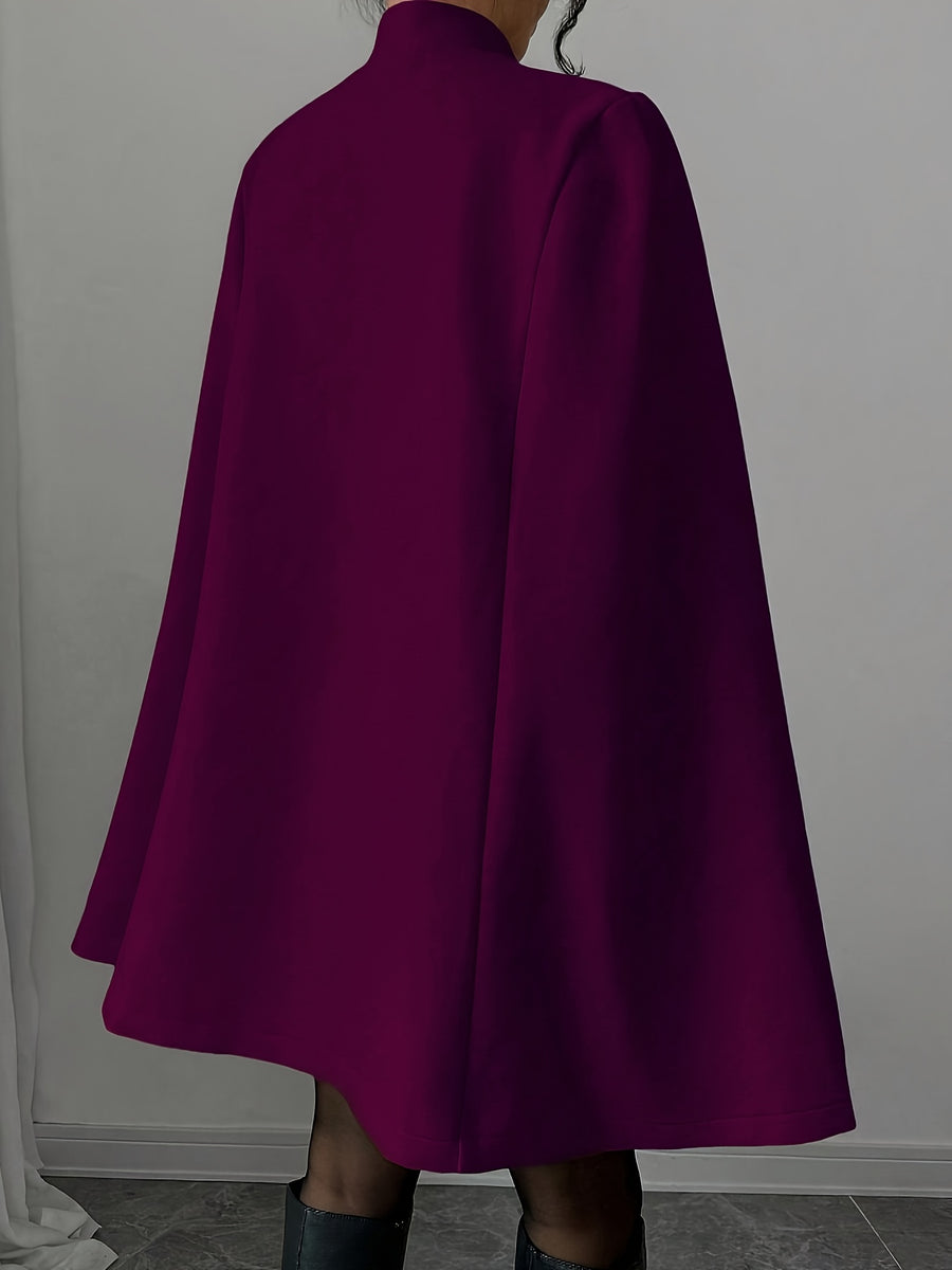 Elegant and Graceful Stand-up Collar Contrasting Color Chinese Style Button Cape Shawl Ladies Autumn and Winter Thick Coat - Deep Purple