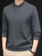 Men'S Single-Button Henley Collar Fleece Long Sleeve Top, Solid Color Minimalist Design Without LOGO, Light Luxury Easy Men'S Style - SINBOS - Grey