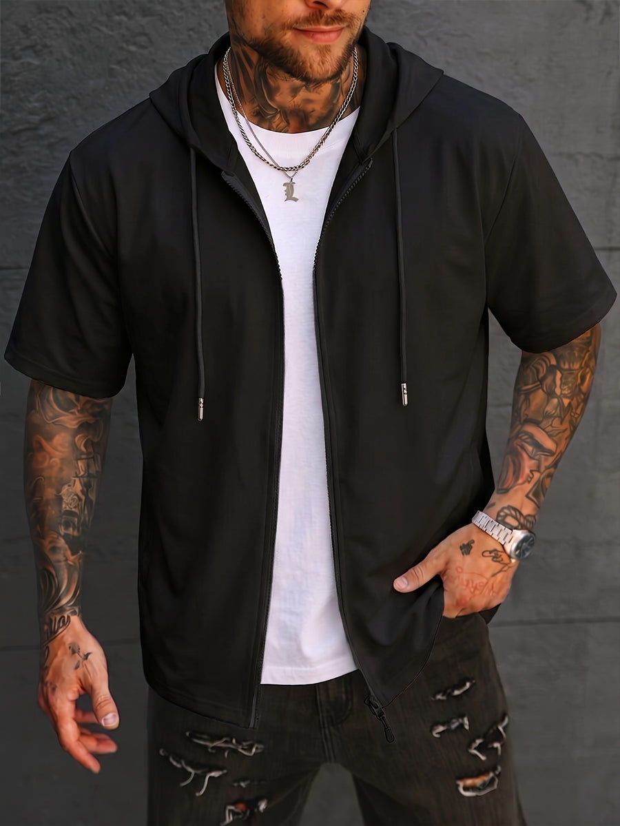 Men's Solid Color Short Sleeve Hooded Zip-Up Cardigan Jacket, Casual Sporty Short Sleeve Hoodie for Daily Commuting, Outerwear Short Sleeve Jacket 2HLT79 - Black