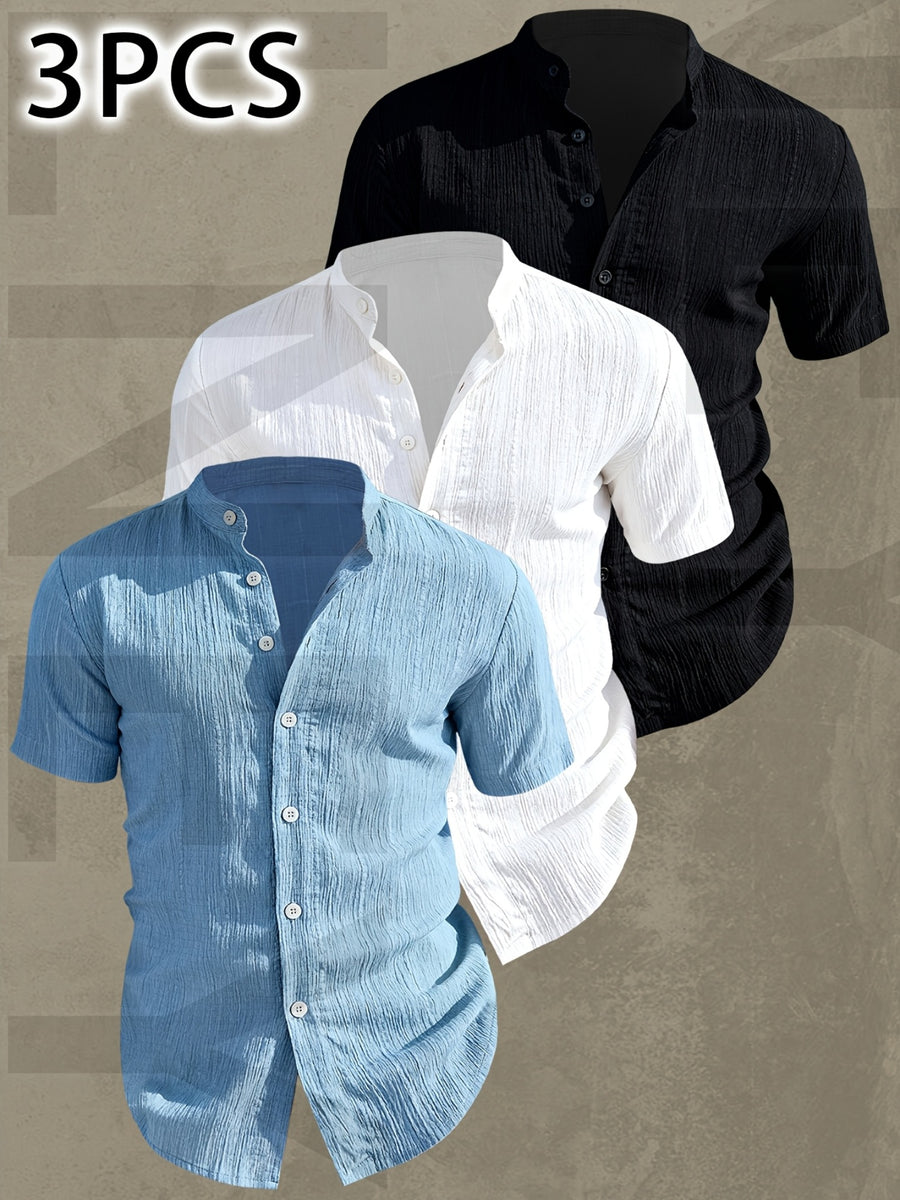 [Uomo Le Mi OBM] 3pcs Men'S Summer Short Sleeve Shirts | Lightweight Breathable Solid Color Button-Up Casual Shirts with Stand Collar, Machine Washable for Beach Vacation, Pool Party & Casual Attire, High Quality, Dad Christmas Gifts, Slim Fit, Daily - Mixed Color 2